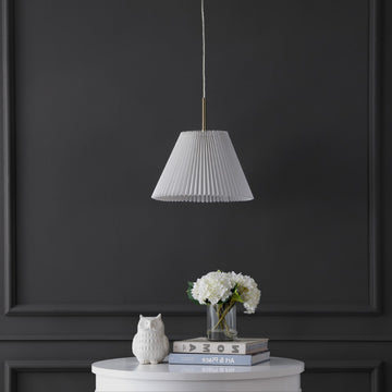 Alden 14.25" 1-Light Classic French Country Iron LED Pendant with Pleated Shade - JONATHAN Y